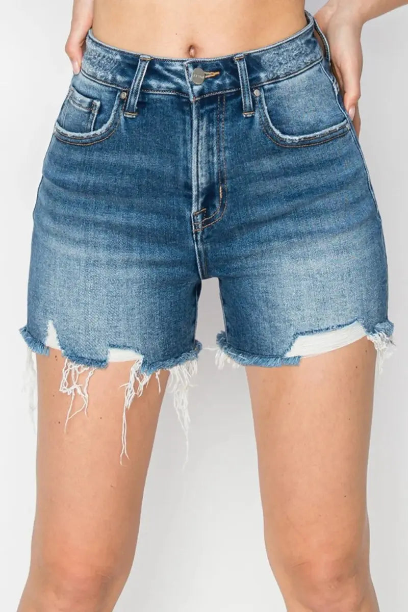 RISEN High Rise Raw Hem Distressed Denim Shorts for Women - Love Salve